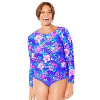 Plus Size Women's Chlorine Resistant Side-Tie Adjustable Long Sleeve Swim Tee by Swimsuits For All in Electric Purple Iris (Size 22)