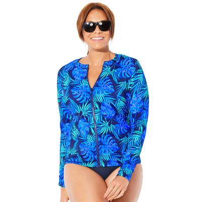 Plus Size Women's Chlorine Resistant Zip Up Swim Shirt Rash Guard by Swimsuits For All in Vibrant Palm Blue (Size 6)