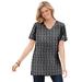 Plus Size Women's Perfect Printed Short-Sleeve Shirred V-Neck Tunic by Woman Within in Black Tonal Geo (Size 3X)