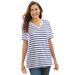 Plus Size Women's Perfect Printed Short-Sleeve V-Neck Tee by Woman Within in Navy White Stripe (Size 2X) Shirt