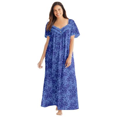 Plus Size Women's Long Silky Lace-Trim Gown by Only Necessities in French Blue Flower (Size L) Pajamas