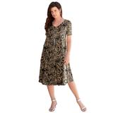 Plus Size Women's Ultrasmooth® Fabric V-Neck Swing Dress by Roaman's in Brown Sugar Paisley Print (Size 42/44) Stretch Jersey Short Sleeve V-Neck