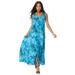 Plus Size Women's Button-Front Crinkle Dress with Princess Seams by Roaman's in Deep Turquoise Tie Dye Floral (Size 30/32)