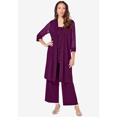 Plus Size Women's Three-Piece Lace & Sequin Duster Pant Set by Roaman's in Dark Berry (Size 24 W) Formal Evening