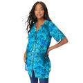 Plus Size Women's Short-Sleeve Angelina Tunic by Roaman's in Deep Turquoise Tie Dye Floral (Size 24 W) Long Button Front Shirt