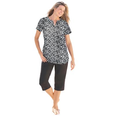 Plus Size Women's Split-Neck Short Sleeve Swim Tee with Built-In Bra by Swim 365 in Black White Abstract (Size 34)