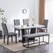 Modern 6-Piece Dining Table Set with 4 Upholstered Chairs & 1 Bench, Table with Marbled Veneers Tabletop and V-shaped Table Legs