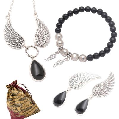 Wings of Wonder,'Curated Gift Set with Onyx Silver Necklace Earrings Bracelet'
