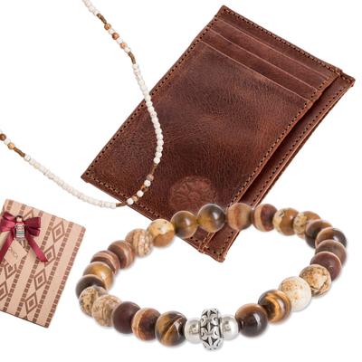 Earthy Flair,'Men's Curated Gift Set with Card Wallet Necklace & Bracelet'