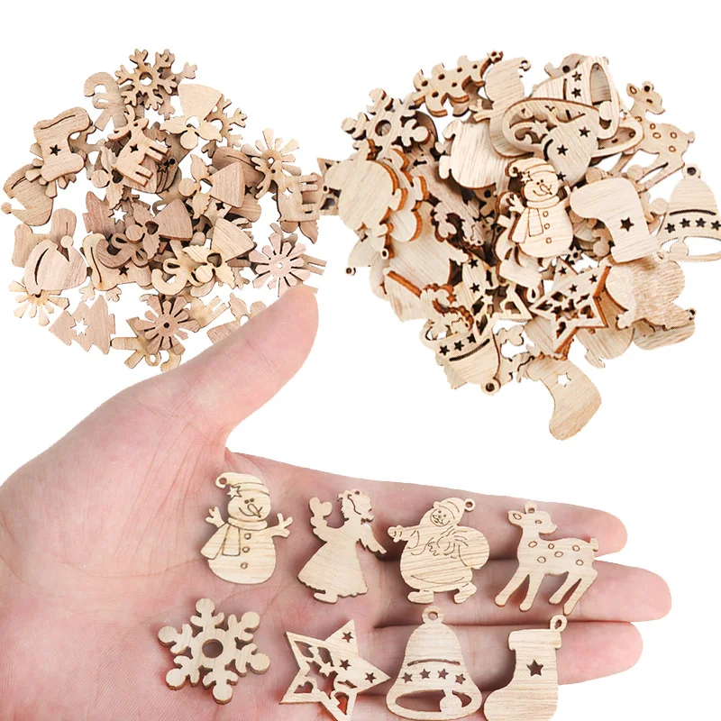 50 pièces de noël puce en bois naturel père noël flocon de neige bricolage artisanat arbre de noël suspendu ornement pendentif Navidad décorations pour la maison