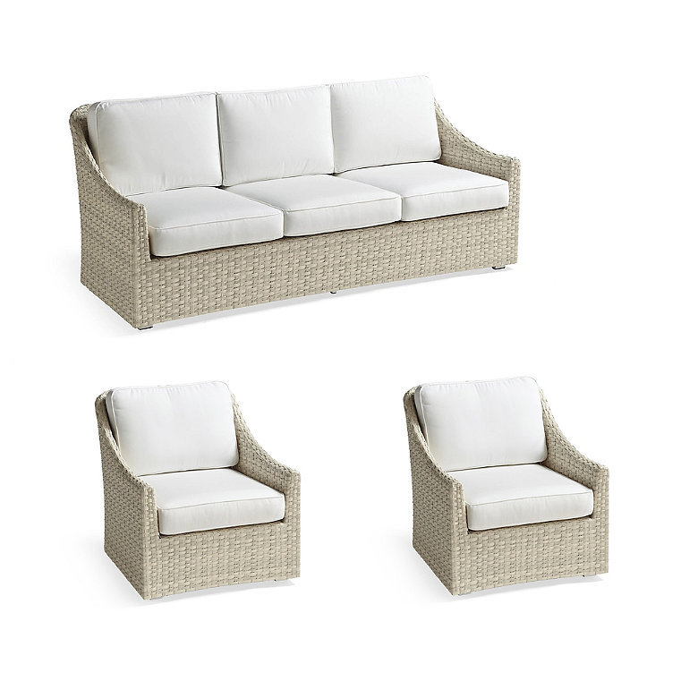 Ashby 3-pc. Sofa Set with Two Lounge Chairs in Shell Wicker - Standard, Glacier with Canvas Piping - Frontgate