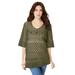 Plus Size Women's Fringed Crochet Sweater by Roaman's in Dark Olive Green (Size 4X)