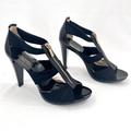 Michael Kors Shoes | Michael Kors Berkeley Black Stretch T-Strap Leather Gold Zip Sandal Heels Sz 7.5 | Color: Black/Gold | Size: 7.5