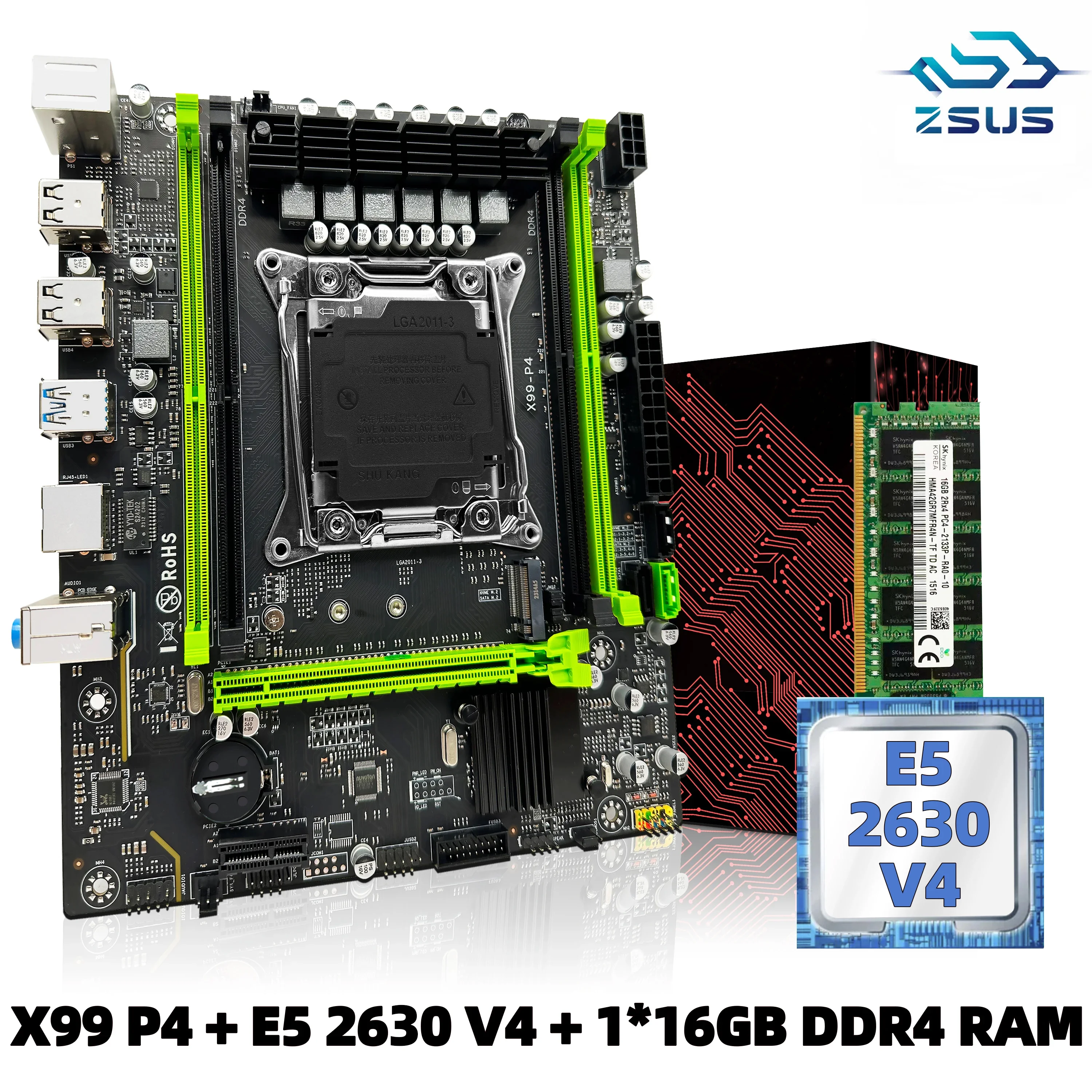 ZSUS X99 P4 Motherboard Set Kit mit Intel LGA2011-3 Xeon E5 2630 V4 CPU DDR4 16 GB (1 * 16 GB) 2133 MHz RAM-Speicher NVME M.2 SATA Image