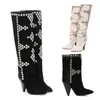 Marke Niet Intarsien frauen Kniehohe Stiefel Rindsleder Wildleder Bühne Zeigen Stiefeletten Modische Sexy Herbst Winter frauen Schuhe