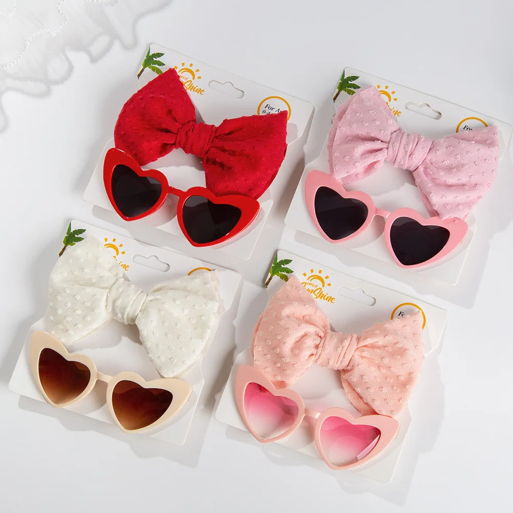 2 Stück/Karte Retro Herzform Baby Sonnenbrille & Stirnbänder Set Schweizer Punkte Nylon Haarbänder Kinder Sonnenbrille Kinder Big Bow Headwraps Image
