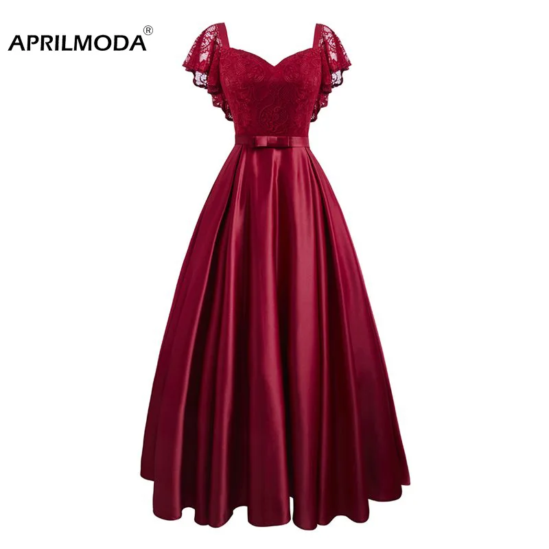 Sommer Burgund Party Kleid Floral Spitze Lange Frauen Kurzarm Rüschen Elegante Rot Blau Schwarz Casual Maxi Datum Satin Vestidos