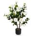 Costway 38 Inch Artificial Camellia Tree Faux Flower Plant in Cement Pot-White