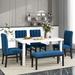 Modern Marble Veneer 6-Piece Dining Set with Flannelette Upholstered Chairs & Bench, White Tabletop and Blue Upholstery