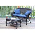 Jeco W00201-LCS011 Espresso Wicker Patio Love Seat And Coffee Table Set With Blue Cushion