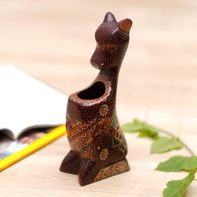 'Handcrafted Batik-Painted Kangaroo Pule Wood Pencil Holder'