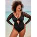 Plus Size Women's Mesh Sleeve Halter One-Piece Swimsuit by Swimsuits For All in Black (Size 20)