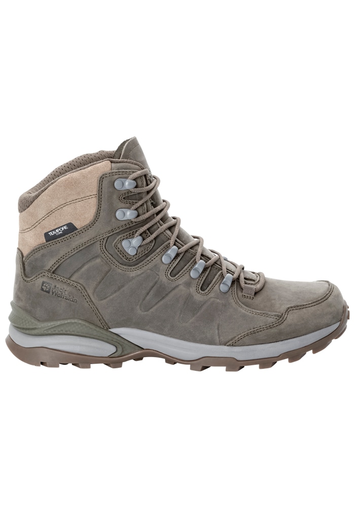 Trekkingschuh JACK WOLFSKIN "REFUGIO PRIME TEXAPORE MID M", Herren, Gr. UK8-EU42, Normalschaft, braun (cold, coffee), Hauptmaterial: Leather; ;Second Material: Synthetic; Futter: Texapore Ecosphere Pro ;Sole: Rubber / EVA; 100% Rubber/ EVA, Schuhe...