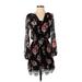 White House Black Market Casual Dress - Mini V Neck Long Sleeve: Black Print Dresses - Women's Size 00