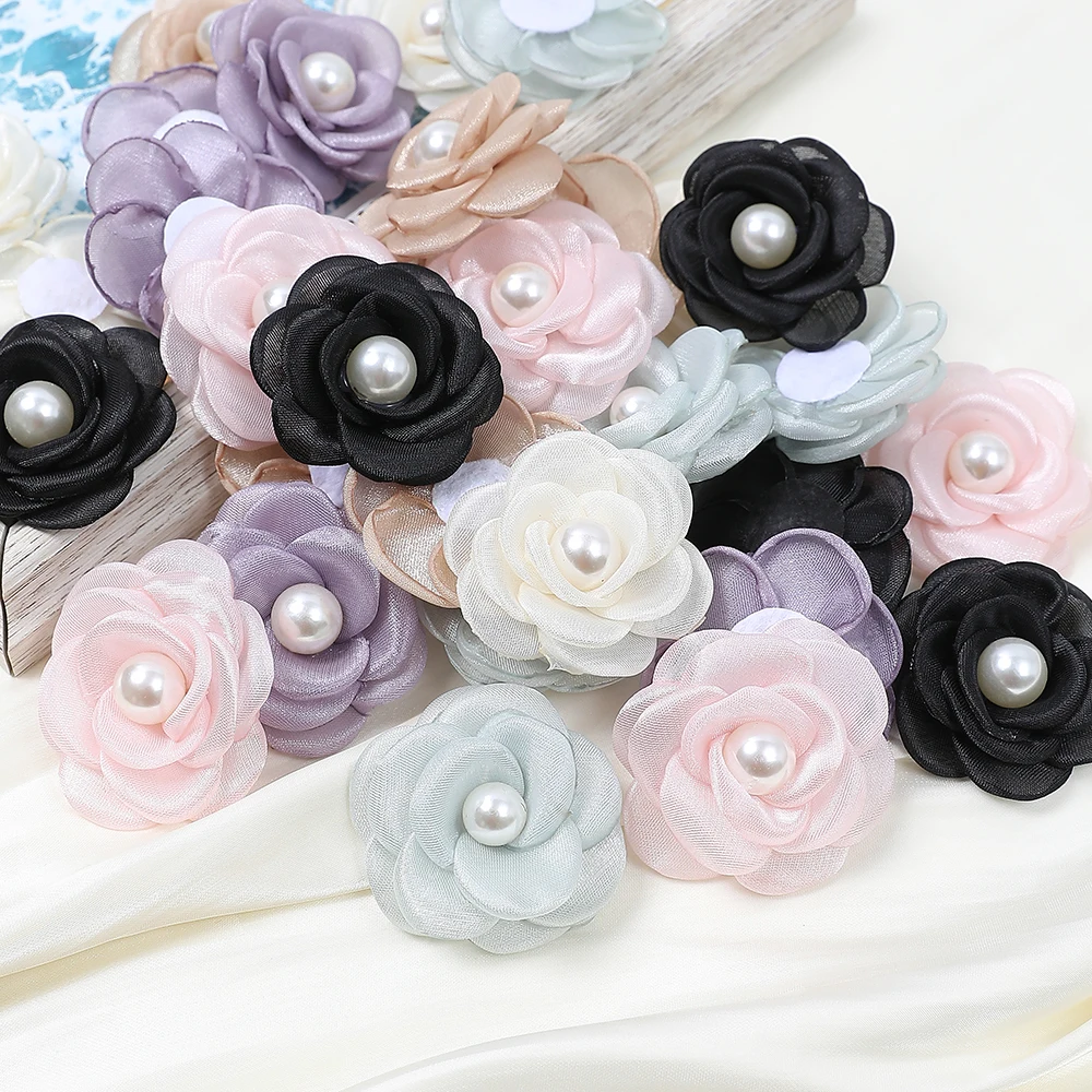 5 Stück künstliche Blumen Kopf mit Perle Chiffon Stoff Haarnadel Corsage Hochzeits kleid Kleidung machen Accessoires Seiden blumen