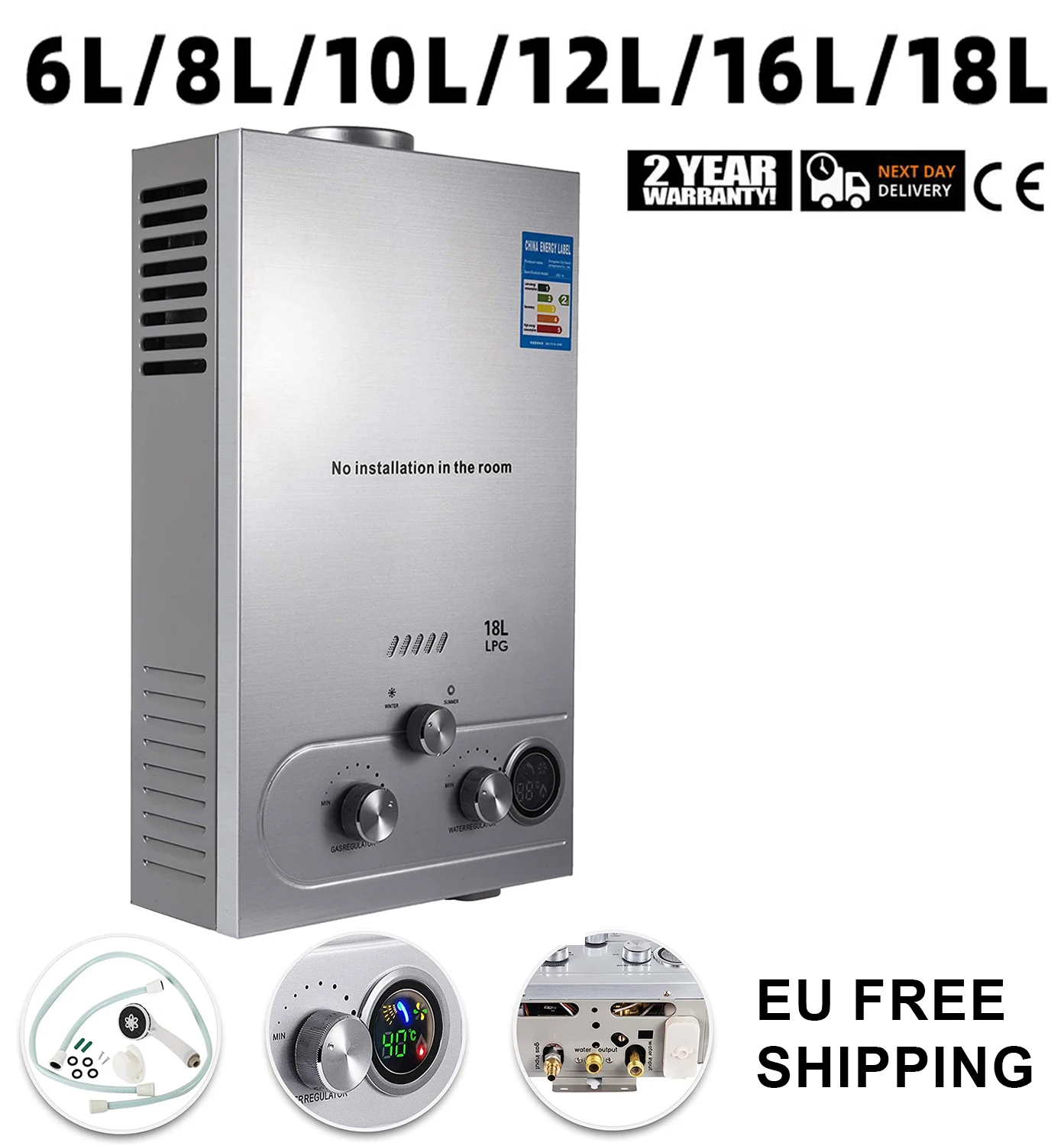 VEVOR LPG Warmwasserbereiter Propangas LPG Tankless 6/8/10/12/16/18L 4,8 GPM Edelstahl Propangas-Warmwasserbereiter-Set Image