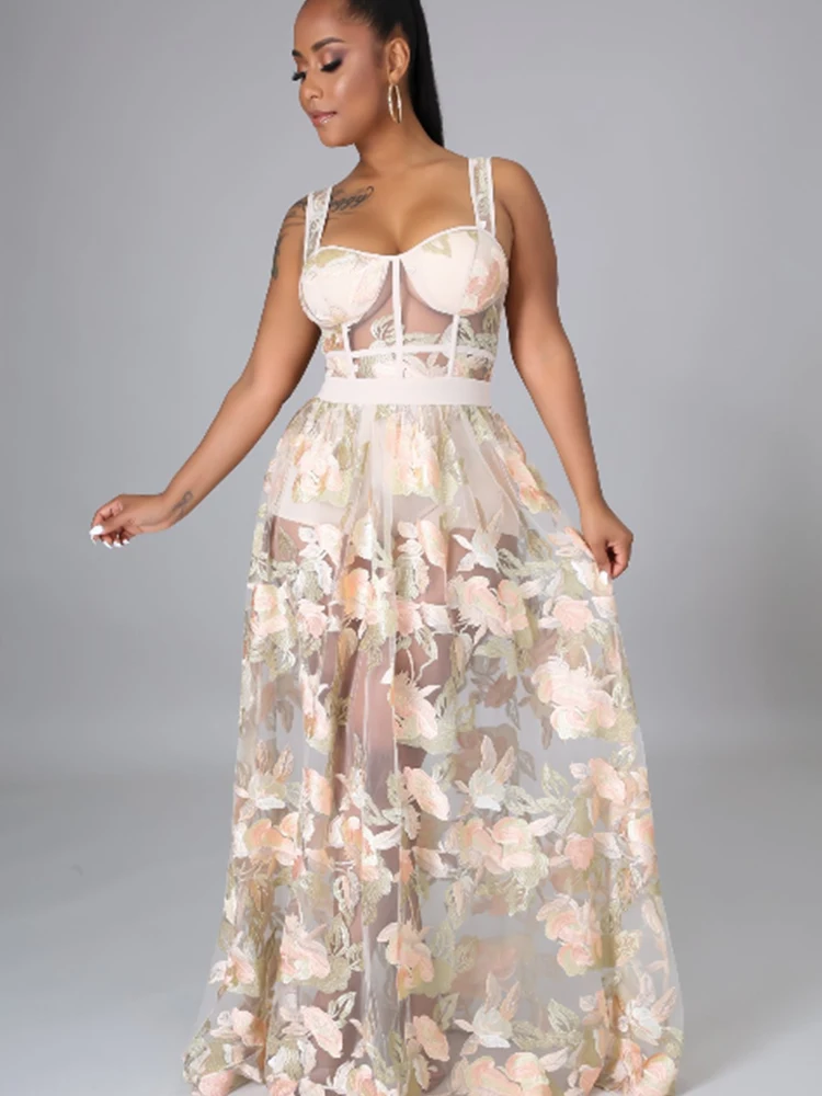 Frauen Blumen elegantes Kleid plus Größe Mesh transparent A-Linie Party Hochzeit Gast Cocktail süß lässig Camis Korsett langes Kleid