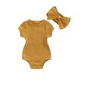 Sunisery 2PCS Newborn Baby Girls Romper Outfits Solid Color Short Sleeve Romper with Bow Headband Summer Clothes Set Brown 3-6 Months