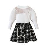 Qtinghua Toddler Baby Girls Fall Outfits Mesh Long Sleeve Shirt Tops and Elastic Plaids A-Line Skirt Clothes Black 12-18 Months