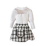 Qtinghua Toddler Baby Girls Fall Outfits Mesh Long Sleeve Shirt Tops and Elastic Plaids A-Line Skirt Clothes White 12-18 Months