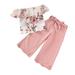 mveomtd Kids Toddler Girls Off Shoulder Flower Print Tops Solid Pants With Belt Outfits Set Print Baby Blanket Girls Cotton Romper