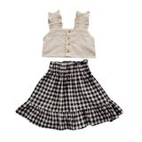 mveomtd Toddler Kids Baby Girls Strap Ruffle Vest T Shirt Tops With Button Plaid Skirt 2PCS Outfits Clothes Set Outfits for Juniors Girls Baby New Born