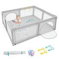 GYMAX Baby Playpen, 206 x 186cm Large Toddler Fence Play Yard with 50 Ocean Balls, 4 Handlebars, Suction Cups and Zipper Door, Indoor Outdoor Infant Activity Center (Light Grey)