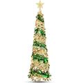 5 Ft Prelit Pencil Christmas Tree Decor Timer 50 Color Lights Star Sequins Battery Operated Tinsel Pop Up Slim Artificial Xmas Tree Home Party Indoor Outdoor Christmas Decoration (Golden & Green)