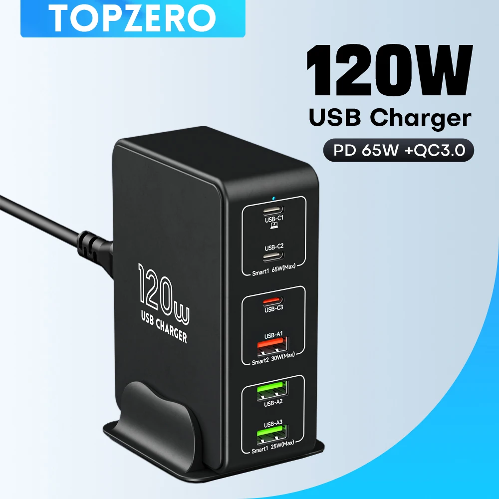 120 W USB Typ C Ladegerät 6 Ports Desktop Ladestation Für iPhone 14 Pro Max Samsung PD 65 W Schnelle Ladegerät für Laptop Tablet Image