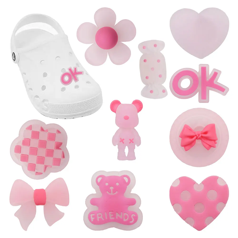 10 Teile/satz Rosa Blume Bär Schuhe Charms Silikon Schuh Zubehör Armband Loch Slipper Decor Erwachsene Kinder Weihnachten Geschenke