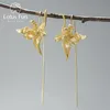 Lotus Spaß Elegante Iris Blume Baumeln Ohrringe Echt 925 Sterling Silber 18K Gold Ohrringe für