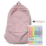 Laidan-10 Colors Erasable Highlighters+Nylon Women Backpack Female Travel Bag Backpacks Schoolbag for Teenage Girls Solid Color Bookbag-Pink