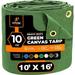 Xpose Safety Canvas Tarp - 10oz Green Poly Canvas Tarps Heavy Duty Water Resistant with Brass Grommets- Multipurpose Outdoor Tarpaulin for Camping Canopy Trailer Equipment Cover 10 x 16