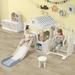 6 in 1 Toddler Slide and Swing Set Toddler Slide Swing Set with Basketball Hoop and Fairy House Freestanding Playground Climber Slide for Babies Boys Girls Off-White+Grey