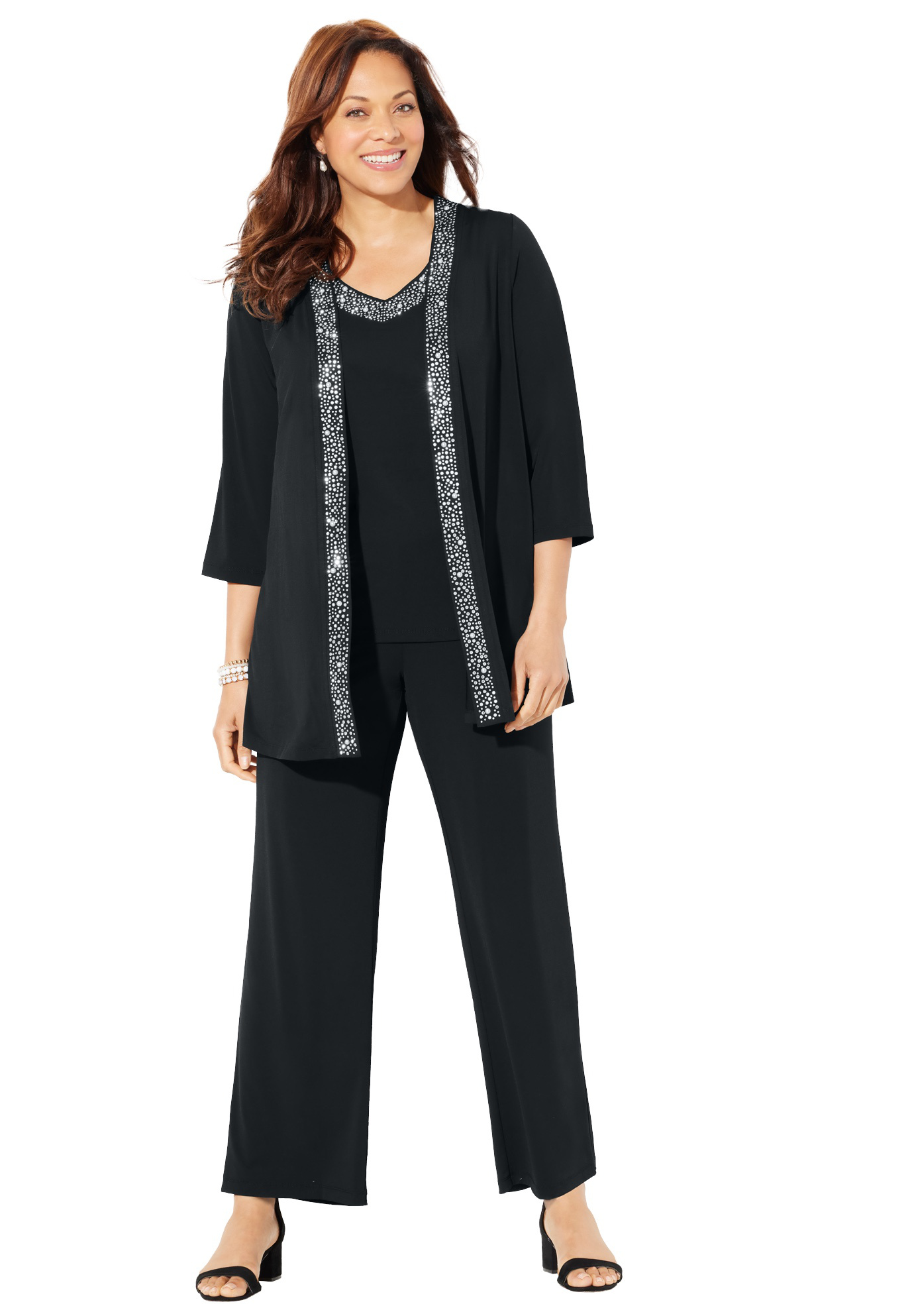Plus Size Women's Beaded 3-Piece Cardigan Pant Set by Catherines in Black (Size 20 WP)