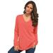 Plus Size Women's Fine Gauge Drop Needle V-Neck Sweater by Roaman's in Sunset Coral (Size M)