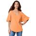Plus Size Women's Ruffle-Sleeve Top with Cold Shoulder Detail by Roaman's in Orange Melon (Size 26/28)
