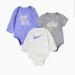 Nike Pajamas | Nike 3 Pack Bodysuits Newborn To 6 Months- Baby Infant Purple, White, Grey | Color: Purple/White | Size: 3-6mb