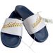 Adidas Shoes | Adidas Womens Adilette Blue White Gold “Adidas” Slip On Sandals Brand New Size 6 | Color: Blue/White | Size: 6