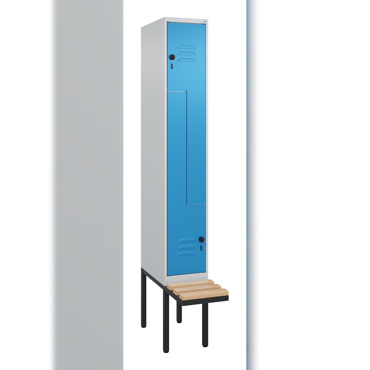 C+P Z-Spind Classic PLUS, Kunststoff schwebende Sitzbank, 6 Abteile, HxBxT 212x90x82cm, Zylinderschloss, Hellgrau/Lichtblau von PROREGAL Image